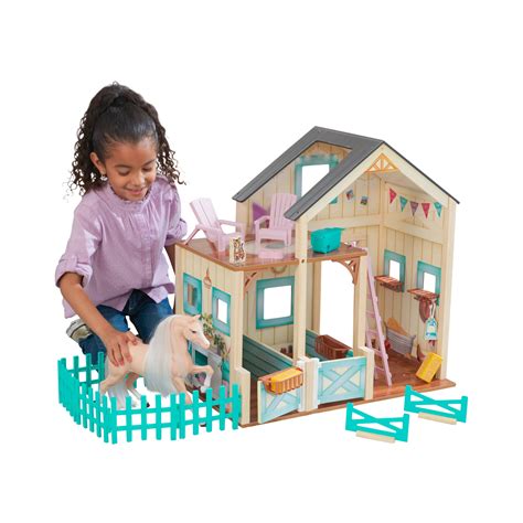 Connected pool house with slide that goes from third-level pergola area to second floor swimming pool. . Kidkraft horse stable dollhouse